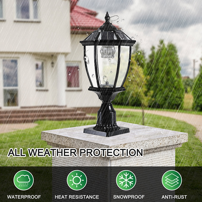 Outdoor solar pillar light warm and cold white IP65 waterproof oil wipe black die cast aluminum shell transparent glass