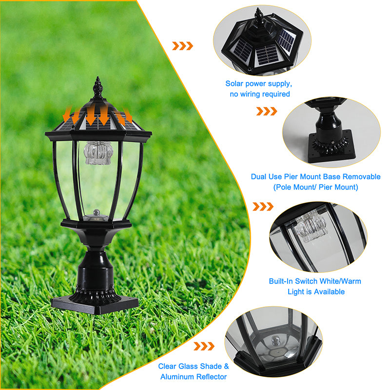 Outdoor solar pillar light warm and cold white IP65 waterproof oil wipe black die cast aluminum shell transparent glass(2 pack)