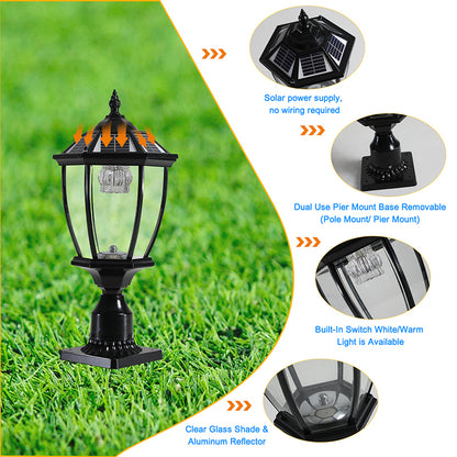 Outdoor solar pillar light warm and cold white IP65 waterproof oil wipe black die cast aluminum shell transparent glass