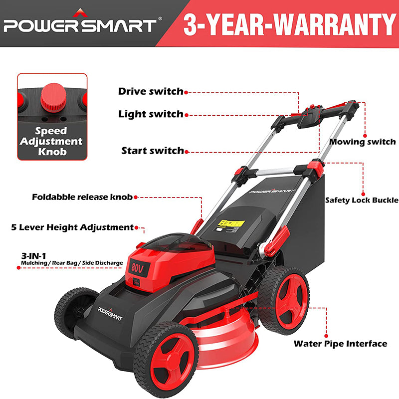 PowerSmart 26-Inch Self-Propelled Lawn Mower, 80V Lithium-Ion Dual-Force Cutting Cordless Lawn Mower with 6.0Ah Battery & Charger PS76826SRB