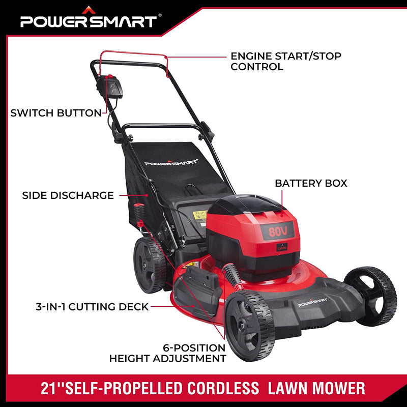 PowerSmart 80V MAX 21" Cordless Lawn Mower, 3-in-1 Brushless Electric Lawn Mower with 6.0Ah Lithium-Ion Battery & Charger (DB2821)