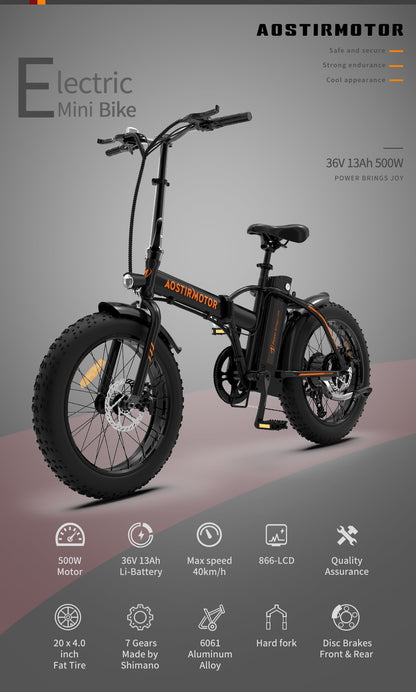 500W Foldable AOSTIRMOTOR A20 E-Bike, 36V Battery, 20" Fat Tires, Shimano 7-Speed