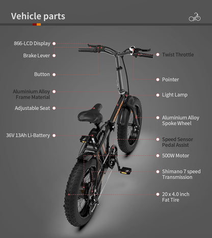 500W Foldable AOSTIRMOTOR A20 E-Bike, 36V Battery, 20" Fat Tires, Shimano 7-Speed