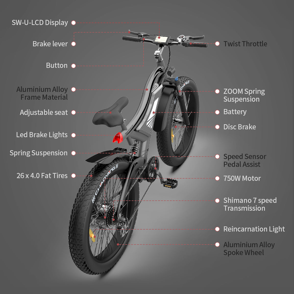 750W AOSTIRMOTOR S18 Electric Bike, 48V Battery, 26" Tires, Shimano 7-Speed