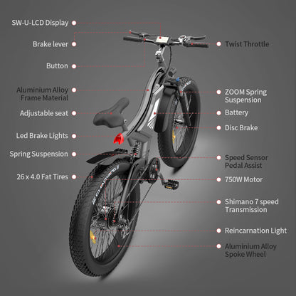 750W AOSTIRMOTOR S18 Electric Bike, 48V Battery, 26" Tires, Shimano 7-Speed