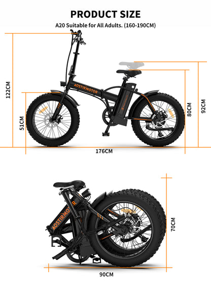 500W Foldable AOSTIRMOTOR A20 E-Bike, 36V Battery, 20" Fat Tires, Shimano 7-Speed