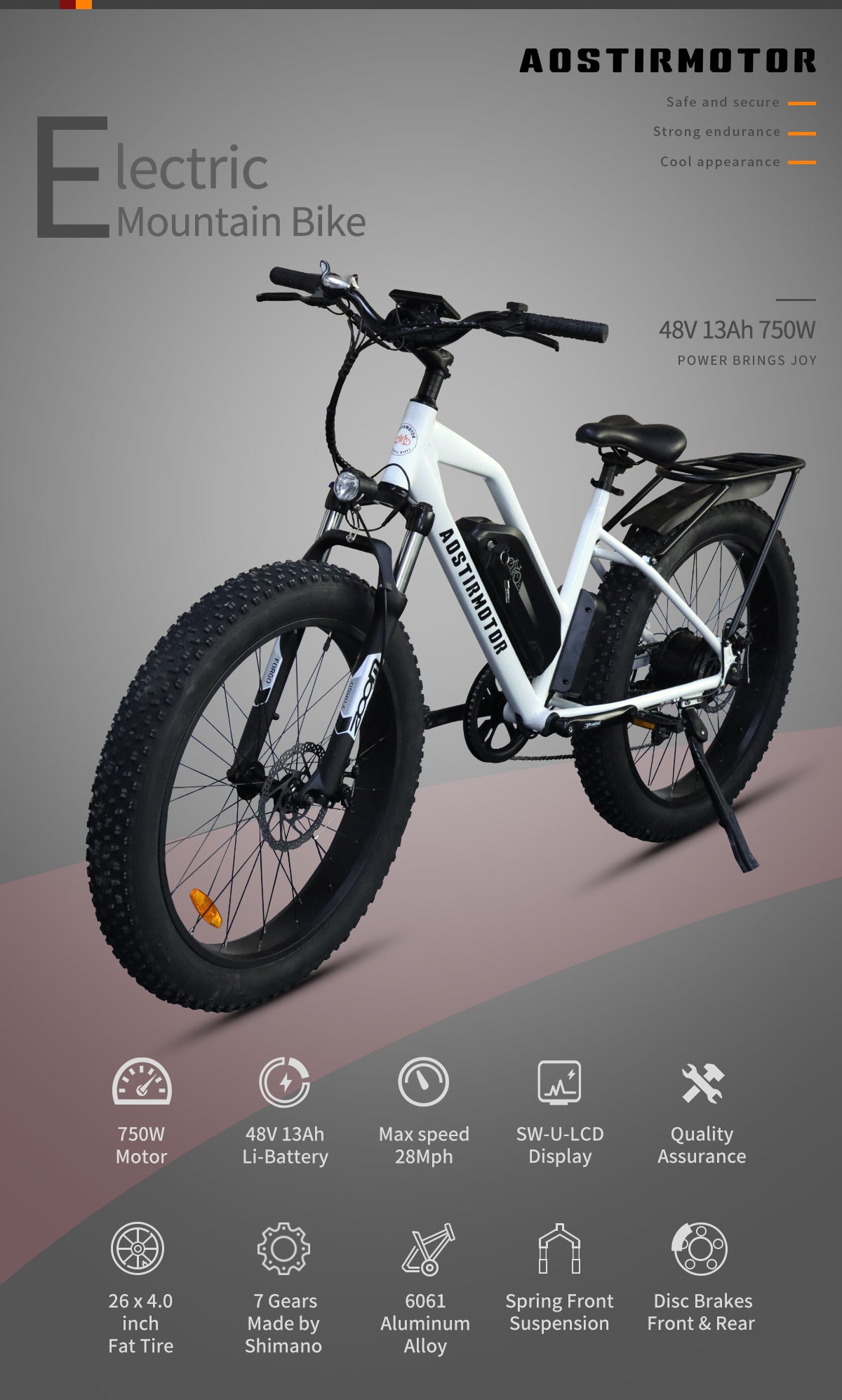 750W AOSTIRMOTOR S07-G Electric Bike, 48V Battery, 26" Fat Tires, Shimano 7-Speed