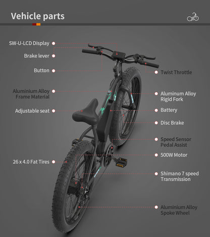 500W Electric Fat Tire Bike for Off-Road, 26" Anti-Skid Tires, 36V Battery