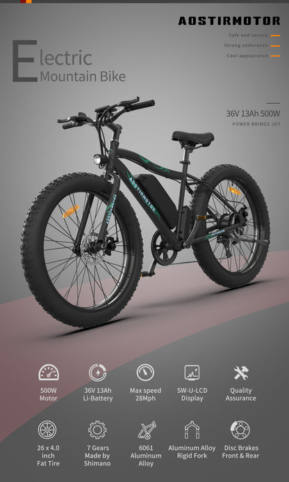 500W Electric Fat Tire Bike for Off-Road, 26" Anti-Skid Tires, 36V Battery