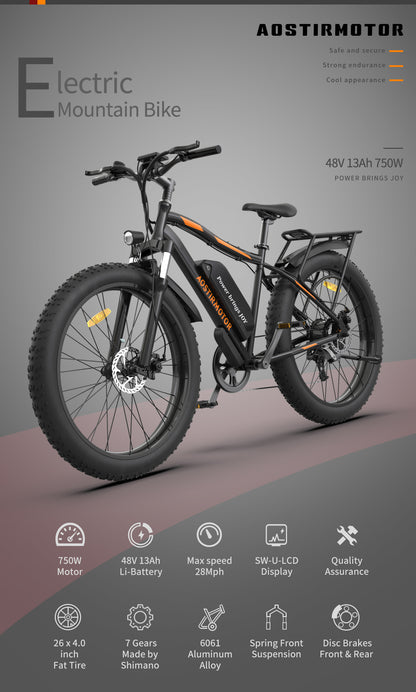 750W AOSTIRMOTOR S07-B Electric Bike, 48V Battery, 26" Fat Tires, Shimano 7-Speed