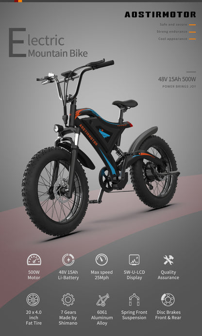 500W Electric Fat Tire Bike, 48V Battery, 20x4 Tires, SW-LCD Display