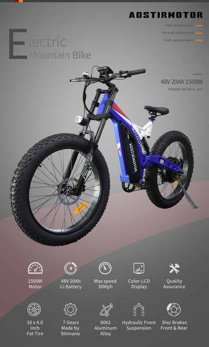 1500W Electric Mountain Bike for Off-Road, 26" Fat Tire, Shimano 7-Speed