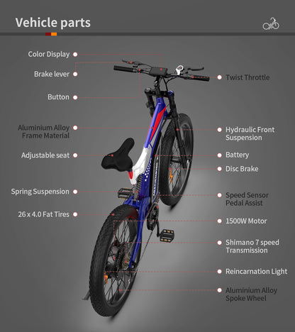 1500W Electric Mountain Bike for Off-Road, 26" Fat Tire, Shimano 7-Speed