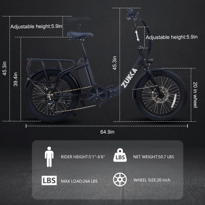 500W Foldable Electric Bike, 48V Battery, 20" WANDA Tires, Microshift 7-Speed