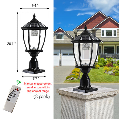 Outdoor solar pillar light warm and cold white IP65 waterproof oil wipe black die cast aluminum shell transparent glass(2 pack)