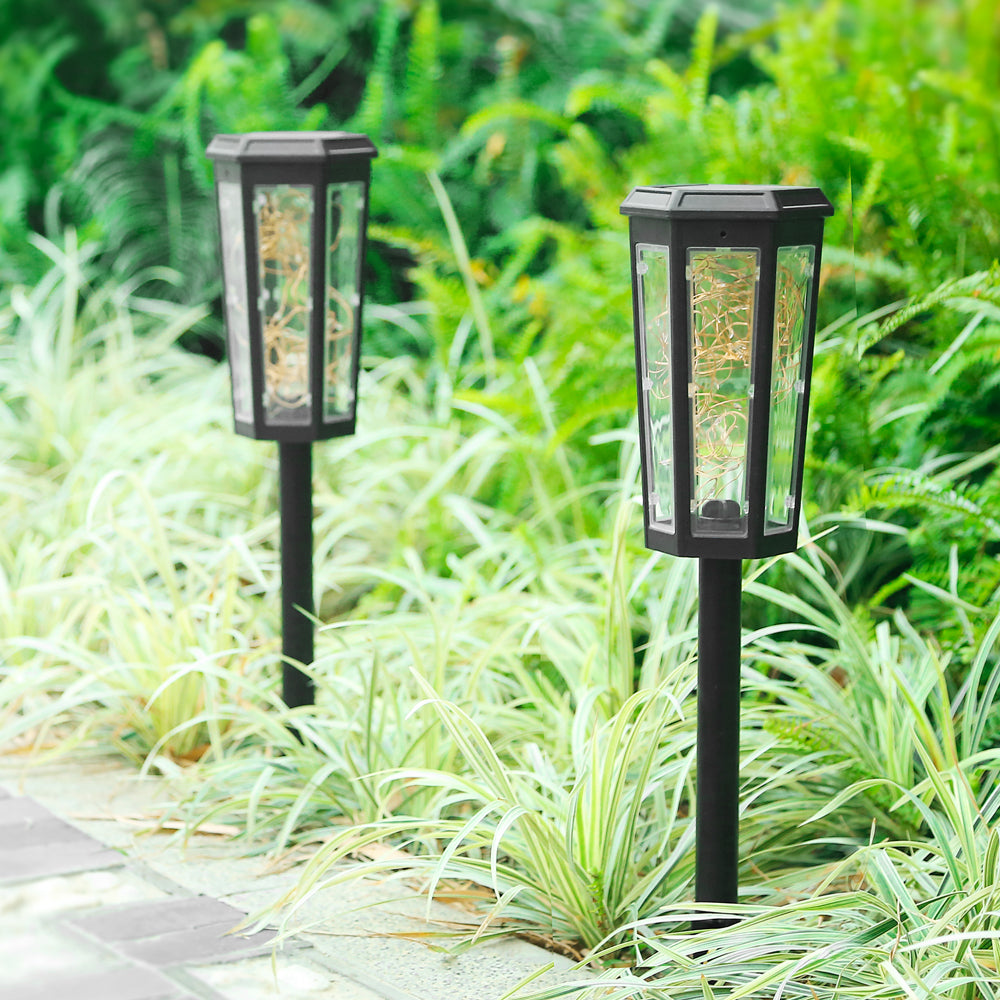 Lampe solaire hexagonale à motif creux, lampe à motif de feuilles, lampe transparente pour suspension et insertion, lampe de pelouse