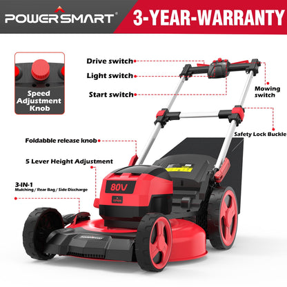 PowerSmart 80V 21-inch Self-Propelled Cordless Lawn Mower with 6.0Ah Battery and Charger